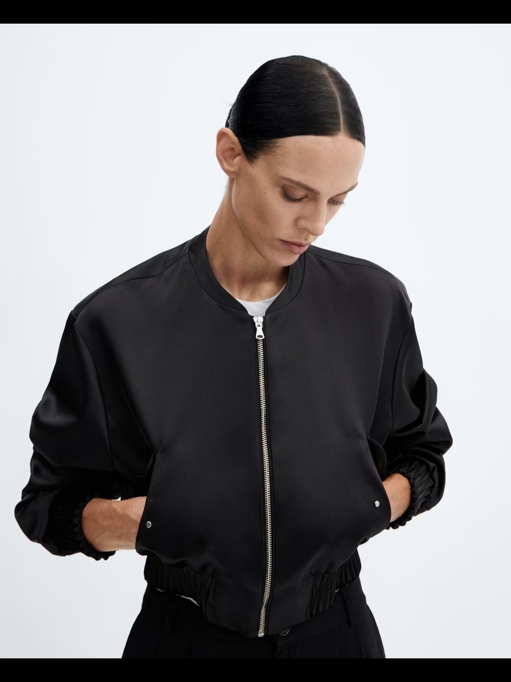 Mango Black Satin Bomber Jacket with Silver Zip - Picture 1 of 9